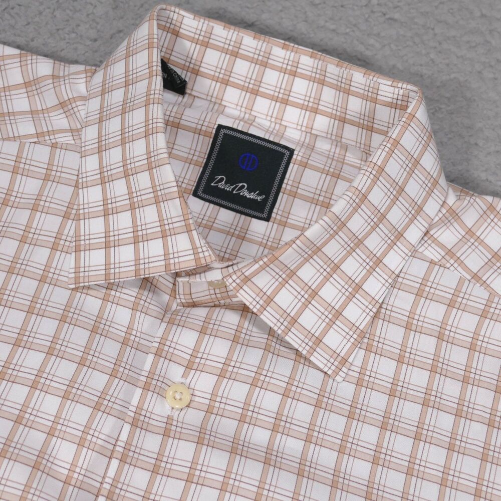 DAVID DONAHUE Dress Shirt Mens 17.5 34/35 French Cuff Brown Plaid Long Sleeve
